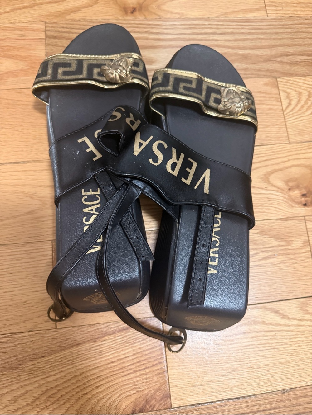 Versace Black and Gold Greca Medusa Slide Sandals